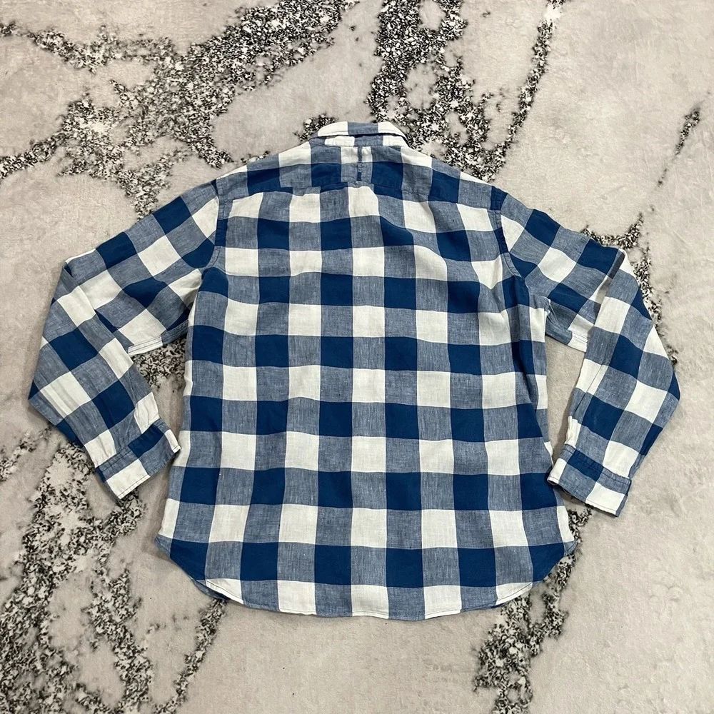 Banana Republic Camden Fit 100% Linen Blue Buffalo Plaid Shirt Men's Size XL